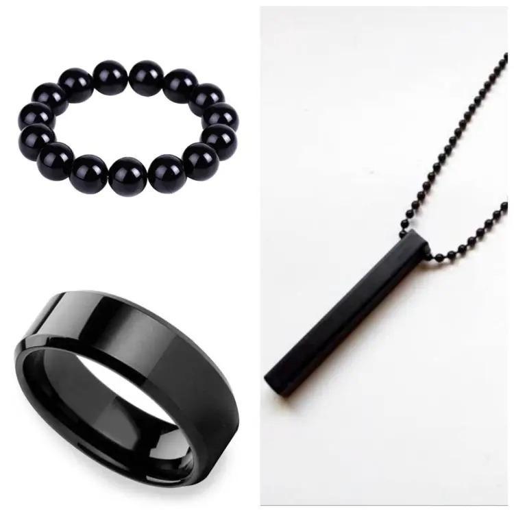 Black Vertical Bar Pendant Ring Bracelet For Men